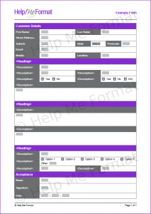 HMF form with fill-in fields and checkboxes