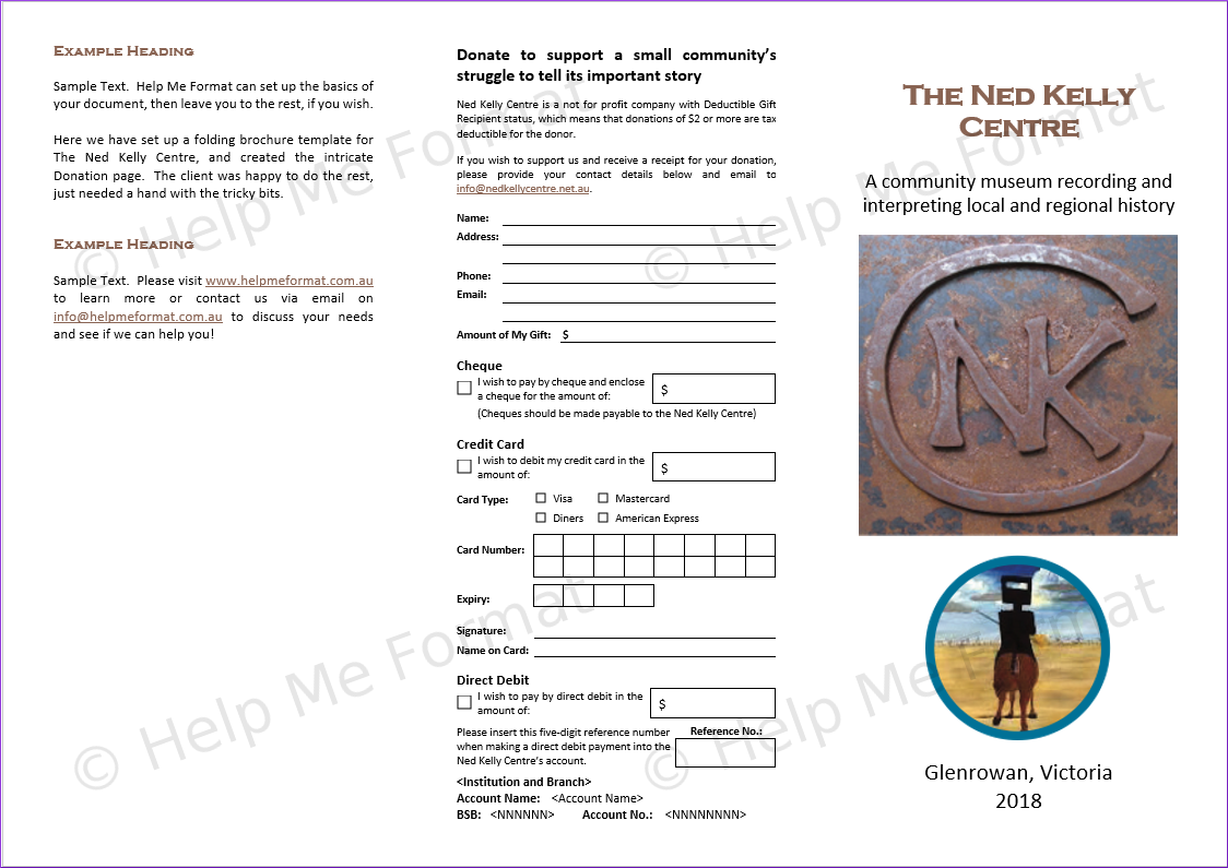 Brochure Example - For The Ned Kelly Centre - Basic folding brochure layout provided, with intricate donation page