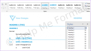 Customised Styles Example - For Vision Strategies - A snapshot of formatting styles available