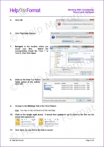 Training Material Example - Snapshot from customised training notes explaining how to complete the mail merge between Excel and Word